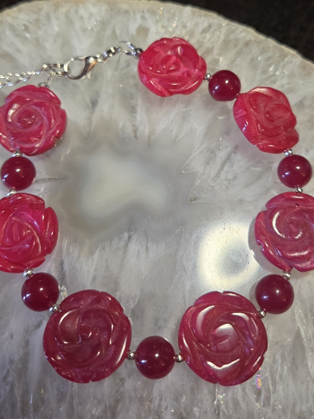 Carved Indonesian Jade Pink Rose And Ruby Bracelet